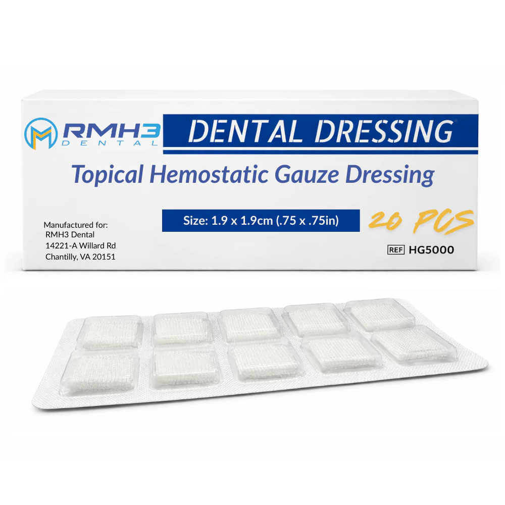 RMH3 Dental Supply Soluble Hemostatic Gauze Dressing, 1.9 x 1.9cm (.75" x .75") — 20/Box
