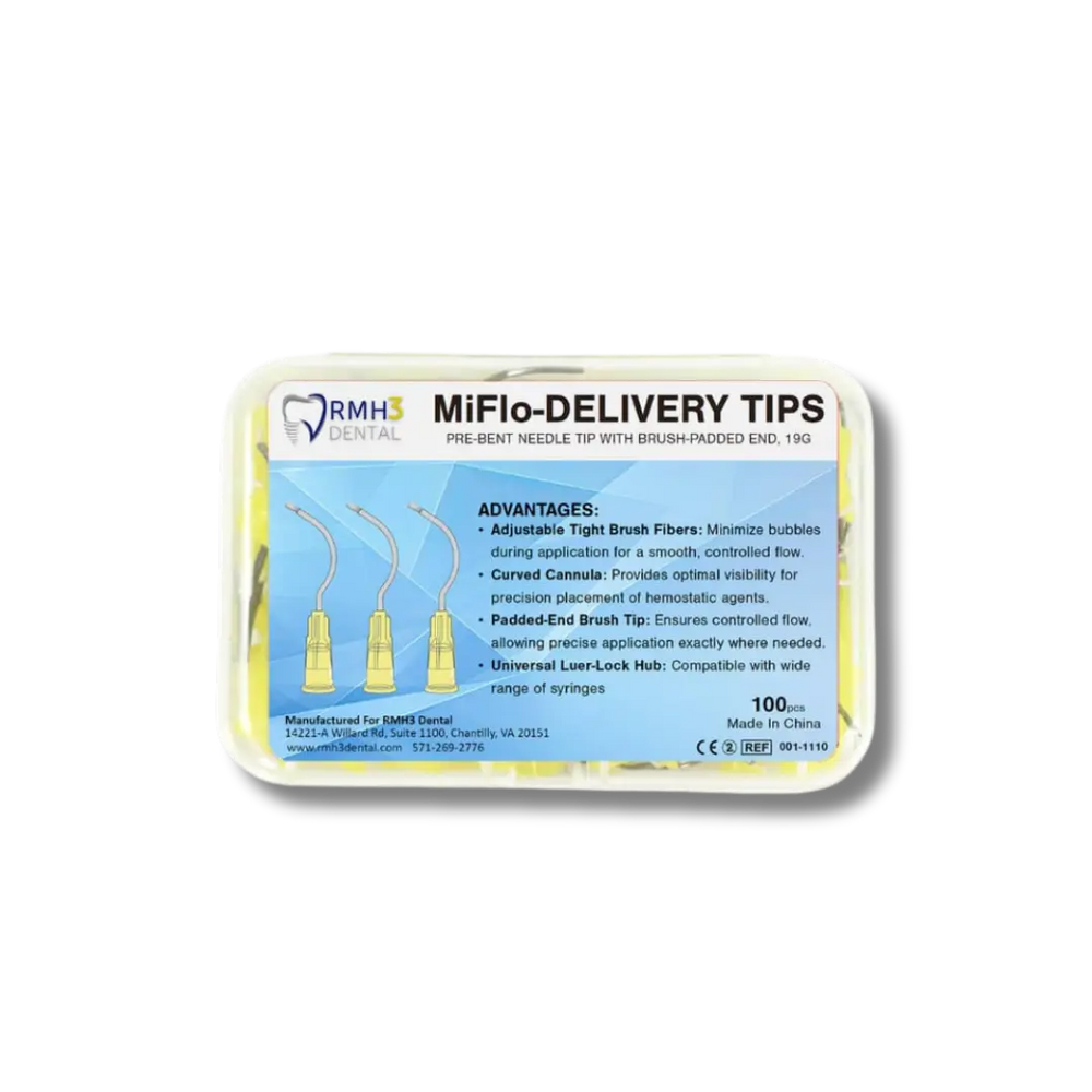 MiFlo-Delivery Tips, Pre-Bent Needle Tip with Brush Padded End, 19G — 100/Box