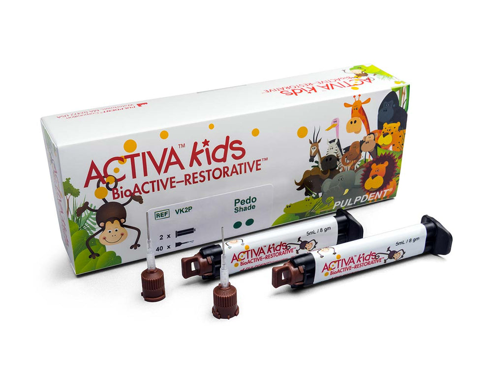 Pulpdent ACTIVA Bio-ACTIVE-KIDS STARTER KIT: 8gm/5mL syringe Opaque White Shade, ACTIVA-SPENSER, + 20 a