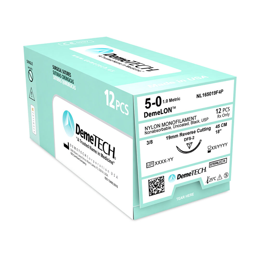 DemeTECH Nylon Monofilament Surgical Suture, Reverse Cutting, 12/Box