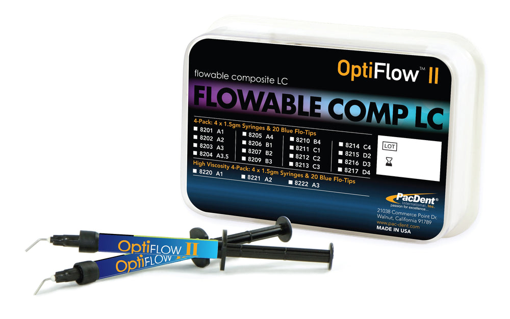 Pac-Dent OptiFlow II Flowable Composite, 4-Pack (4 x 1.5g Syringes) with 20 Flo-Tips, Shade A3.5