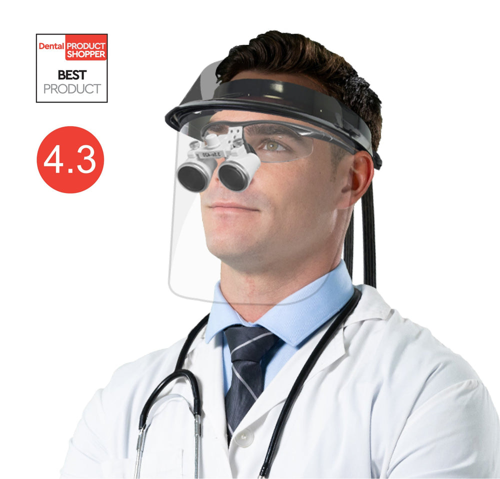 Pac-Dent 1 x Satin Black visor, 1 x Cinch cord, 1 x LC filter, 3 x Face shields, 2 x Mini shields, 9 cm