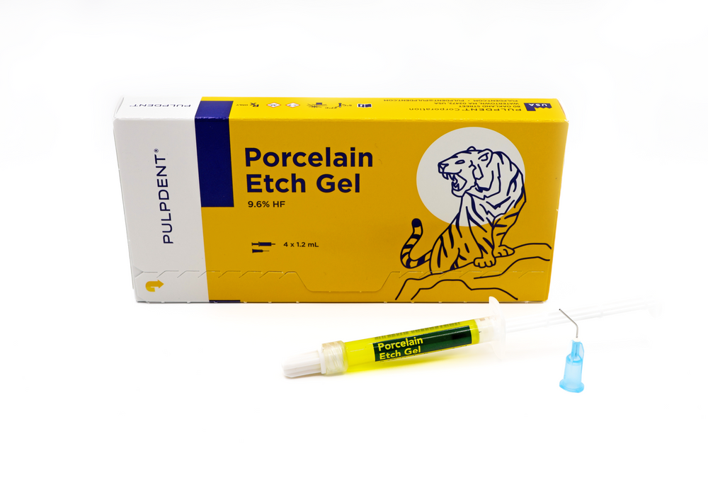 Pulpdent Porcelain Etch Gel 9.6% Hydrofluoric Acid Kit, 4 x 1.2 mL Syringes + 8 Tips