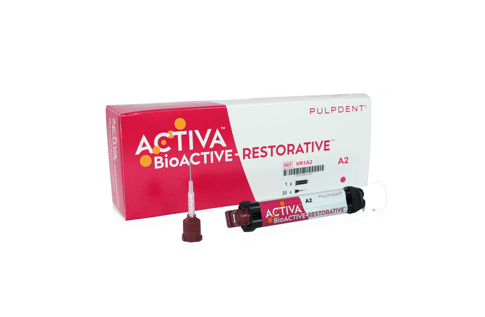 Pulpdent ACTIVA BioACTIVE - RESTORATIVE SINGLE REFILL: A2 Shade 8gm/5mL syringe + 20 mix tips with benda