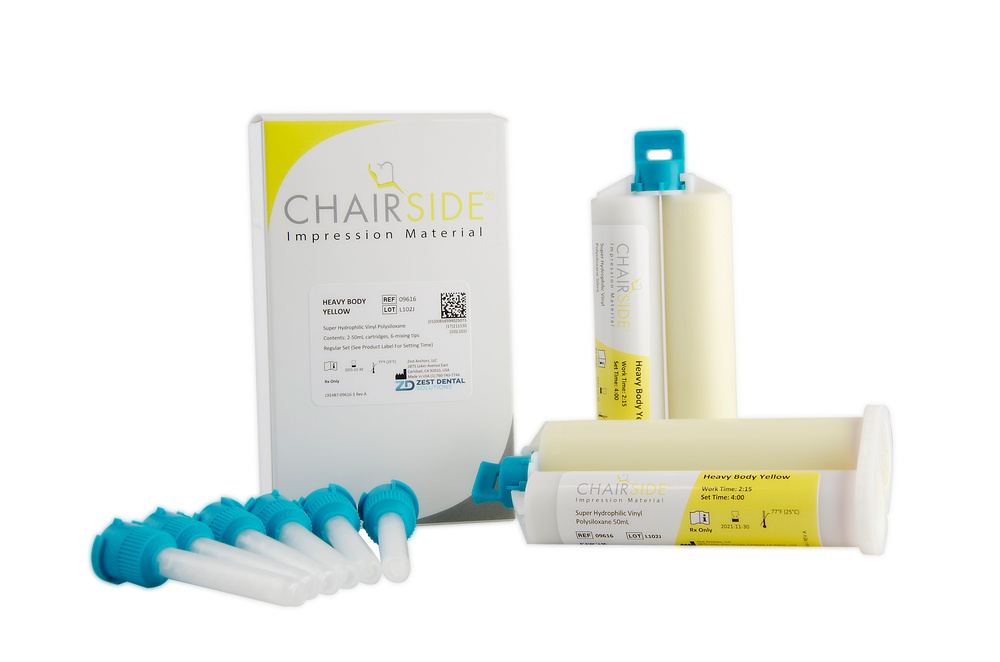 Zest CHAIRSIDE Impression Material, Heavy Body, 2-50ml cartridges, 6 mixing tips (YELLOW)
