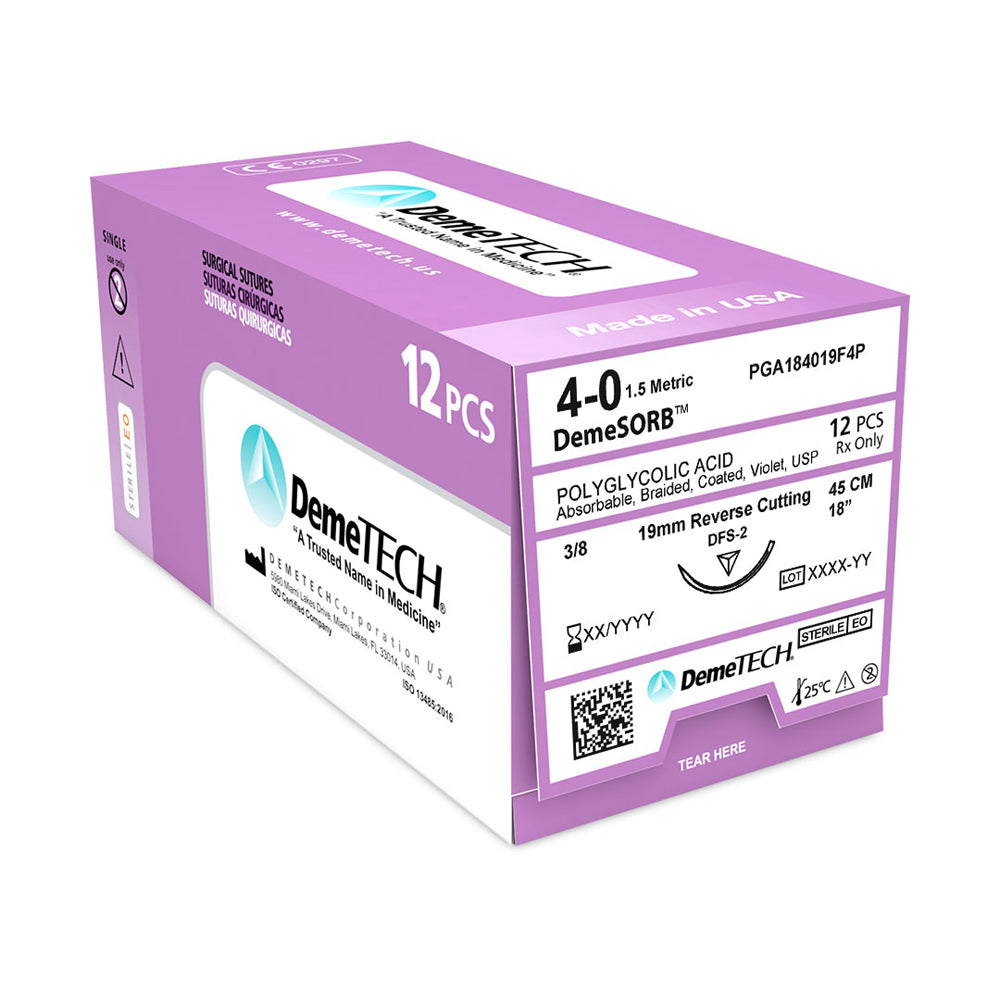DemeTECH Polyglycolic Acid (Absorbable) Surgical Suture, Reverse Cutting, 12/Box