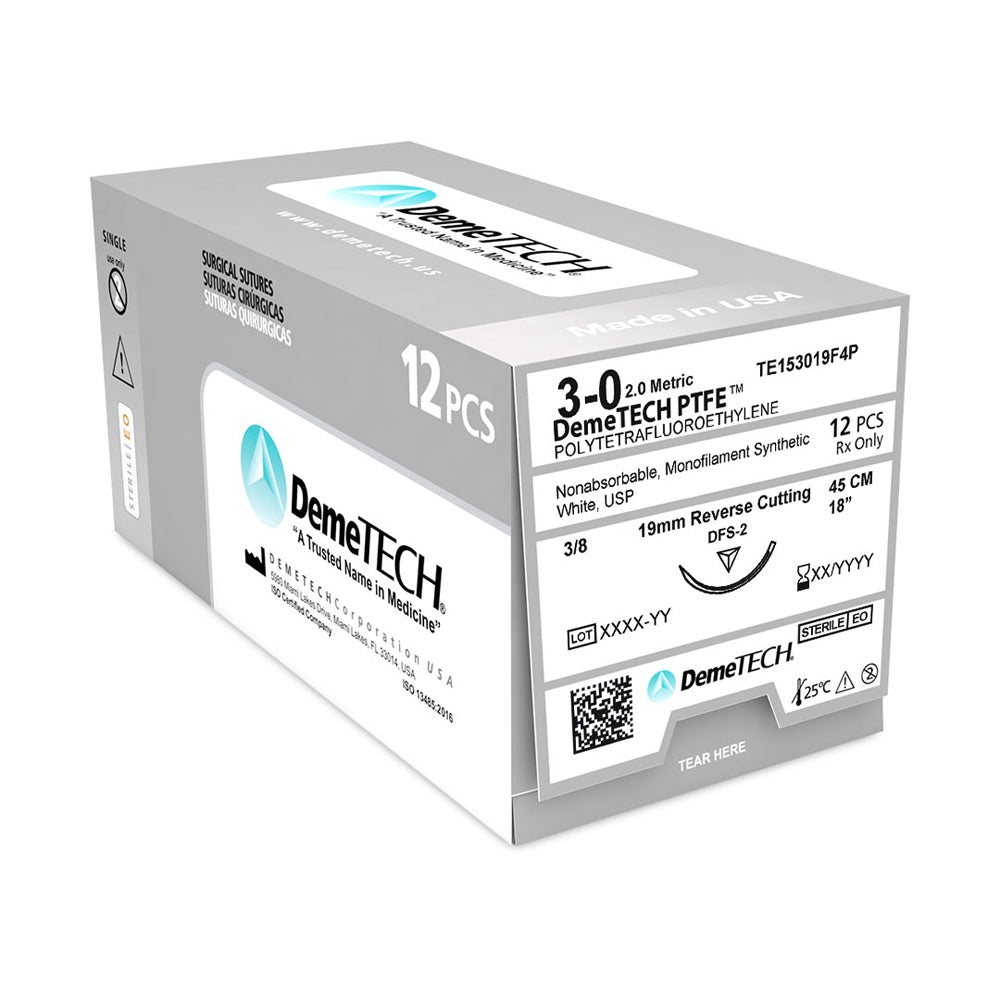 DemeTECH PTFE Non-Absorbable Suture, 3/0, 18" (45cm), DFS-2 Reverse Cutting Needle, 12/Box