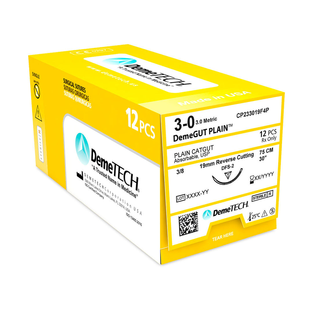 DemeTECH Plain Gut Surgical Suture, Reverse Cutting, 12/Box