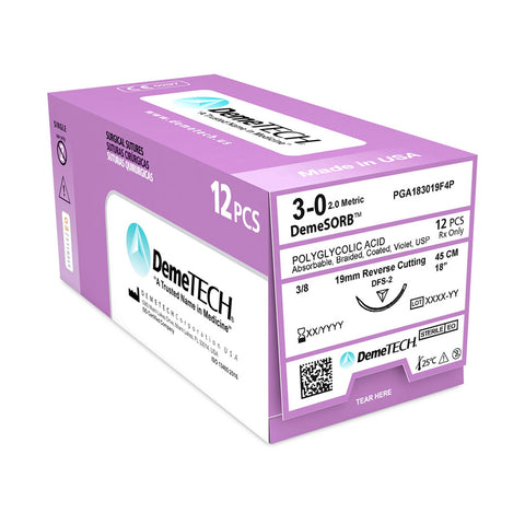 DemeSORB Polyglycolic Acid Absorbable Suture, 3/0, 18" (45cm), 12/Box