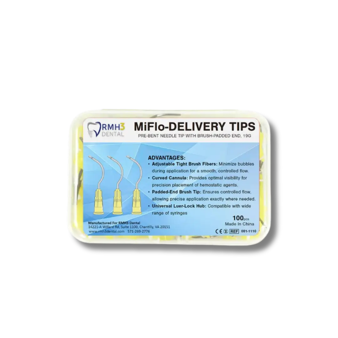 MiFlo-Delivery Tips Pre-bent needle tip with brush padded end, 19G, 100/box - RMH3 Digital by RMH3 Dental