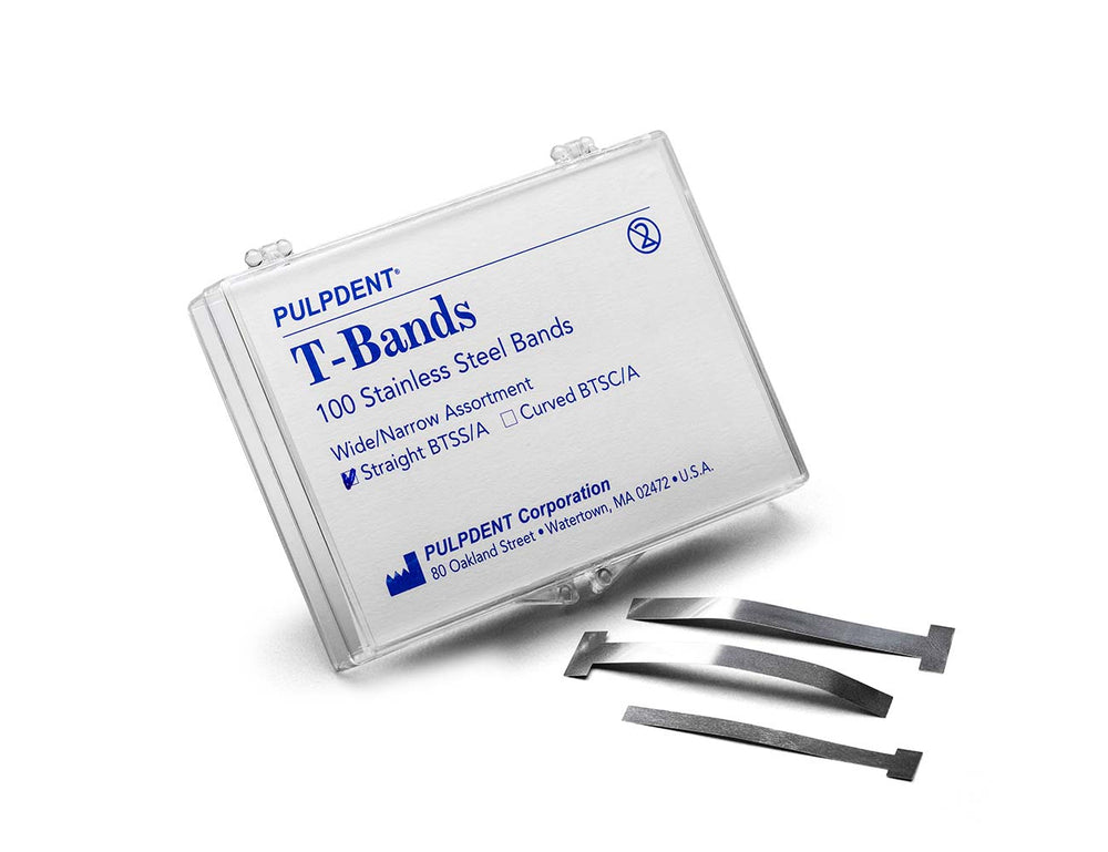 Pulpdent T-Bands, Stainless Steel, Straight, Wide (1/4"), .002"/0.05mm Thick, Box of 100