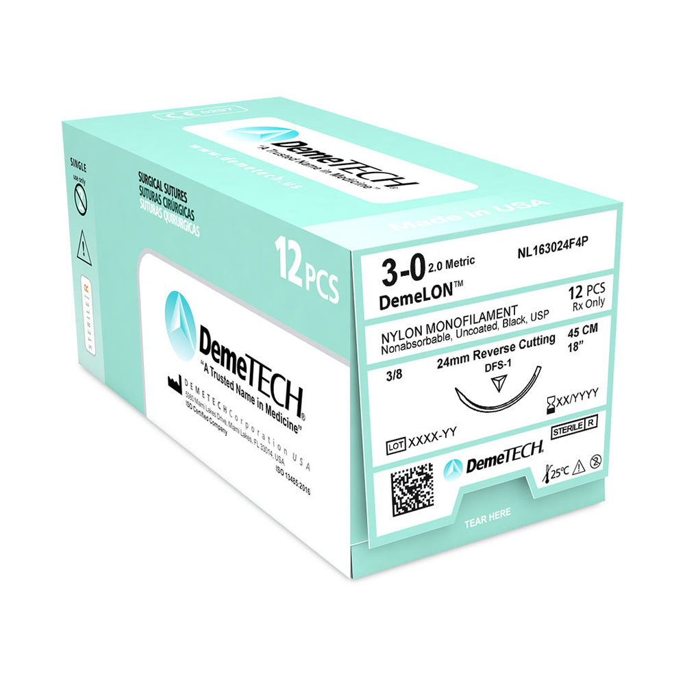 DemeTECH Nylon Monofilament Surgical Suture, Reverse Cutting, 12/Box