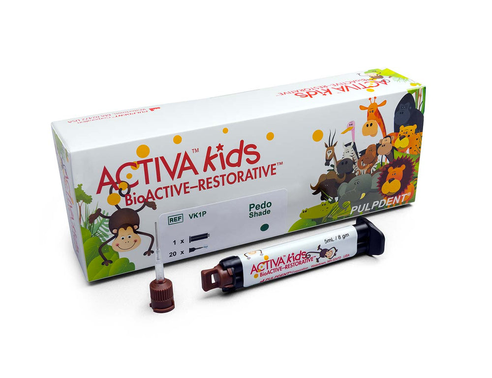 Pulpdent ACTIVA Bio-ACTIVE-KIDS STARTER KIT: 8gm/5mL syringe Opaque White Shade, ACTIVA-SPENSER, + 20 a