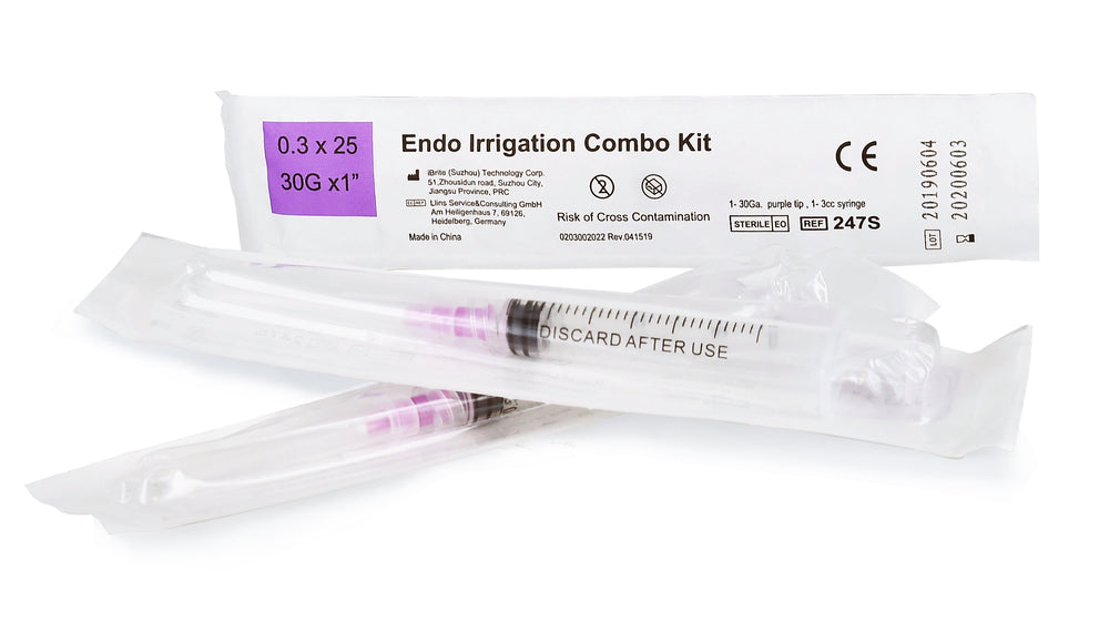Pac-Dent Sterile Endo Irrigation Combo Kit: 100 x 30 Ga. Purple Tips with 100 x 3 cc Syringes, Sterile
