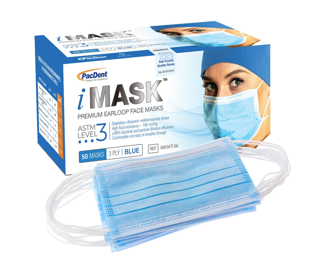 Pac-Dent ASTM Level 3 Masks, Blue, 50 pcs/box, 50 boxes per case