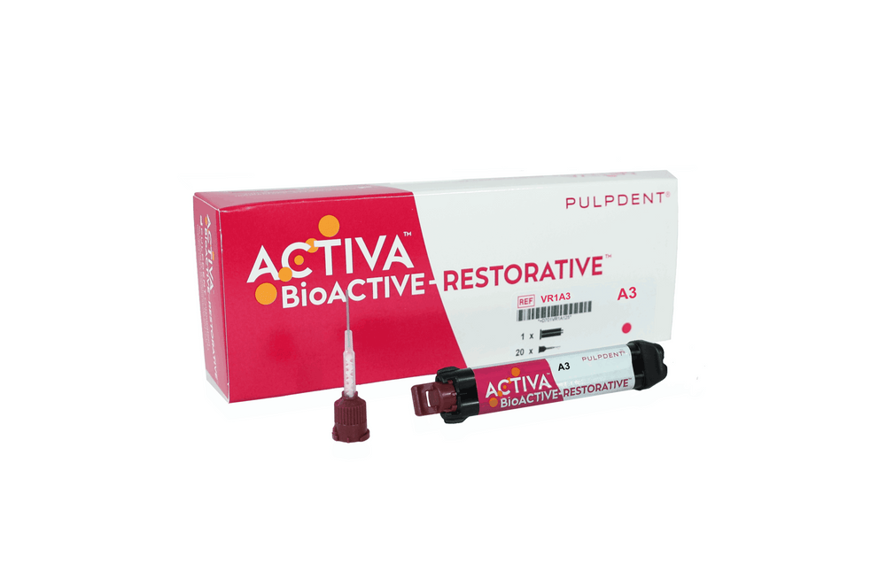 Pulpdent ACTIVA BioACTIVE - RESTORATIVE SINGLE REFILL: A3 Shade 8gm/5mL syringe + 20 mix tips with benda