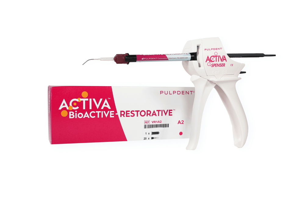 Pulpdent ACTIVA BioACTIVE - RESTORATIVE STARTER KIT: A2 Shade 8gm/5mL syringe + 20 mix tips with bendabl
