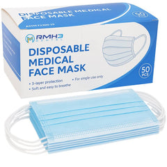 RMH3 Dental Supply Disposable Face Masks, Blue Pleated Earloop — 50/Box