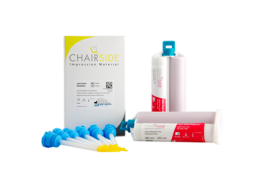 Zest CHAIRSIDE Impression Material, Light Body, 2-50ml cartridges, 6 mixing tips (MAGENTA)
