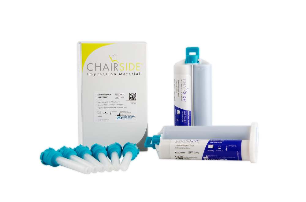 Zest CHAIRSIDE Impression Material, Medium Body, 2-50ml cartridges, 6 mixing tips (DARK BLUE)